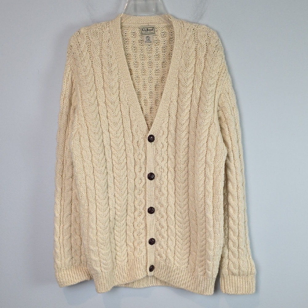 L.L. Bean Men's Cream Fishermen Chunky Cable Knit Wool Cardigan Sweater Large